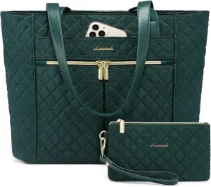 LOVEVOOK Laptop Bag for Women 17 inch,Diamond Quilted Work Tote Bags Womens Laptop Tote Bag Computer Shoulder Bags,Stylish Travel Tote Bag Laptop Purse Briefcase Handbag with Clutch Purse,Dark Green