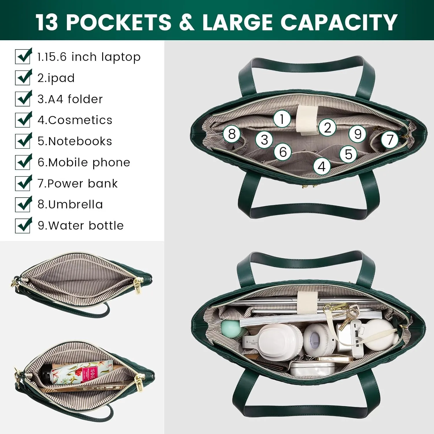 LOVEVOOK Laptop Bag for Women 17 inch,Diamond Quilted Work Tote Bags Womens Laptop Tote Bag Computer Shoulder Bags,Stylish Travel Tote Bag Laptop Purse Briefcase Handbag with Clutch Purse,Dark Green