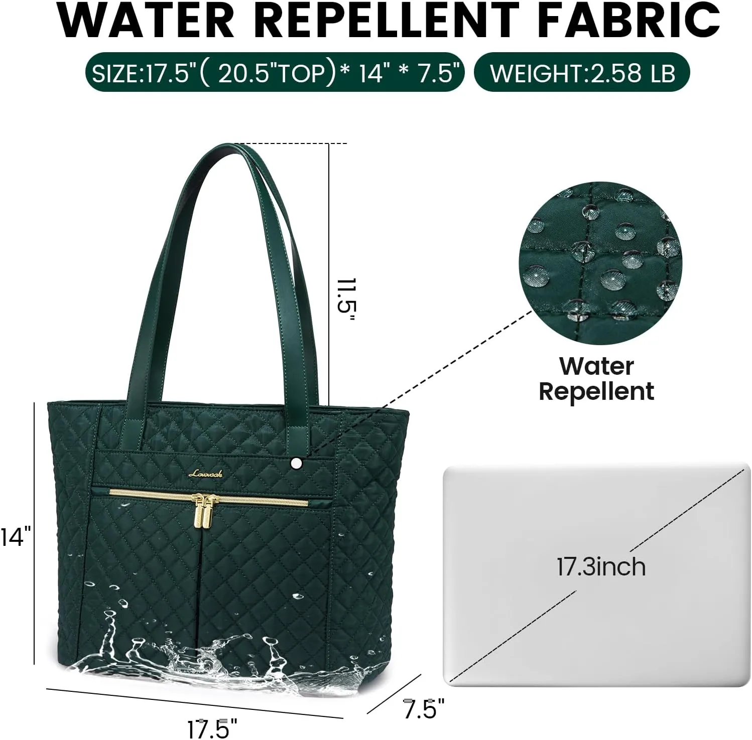 LOVEVOOK Laptop Bag for Women 17 inch,Diamond Quilted Work Tote Bags Womens Laptop Tote Bag Computer Shoulder Bags,Stylish Travel Tote Bag Laptop Purse Briefcase Handbag with Clutch Purse,Dark Green