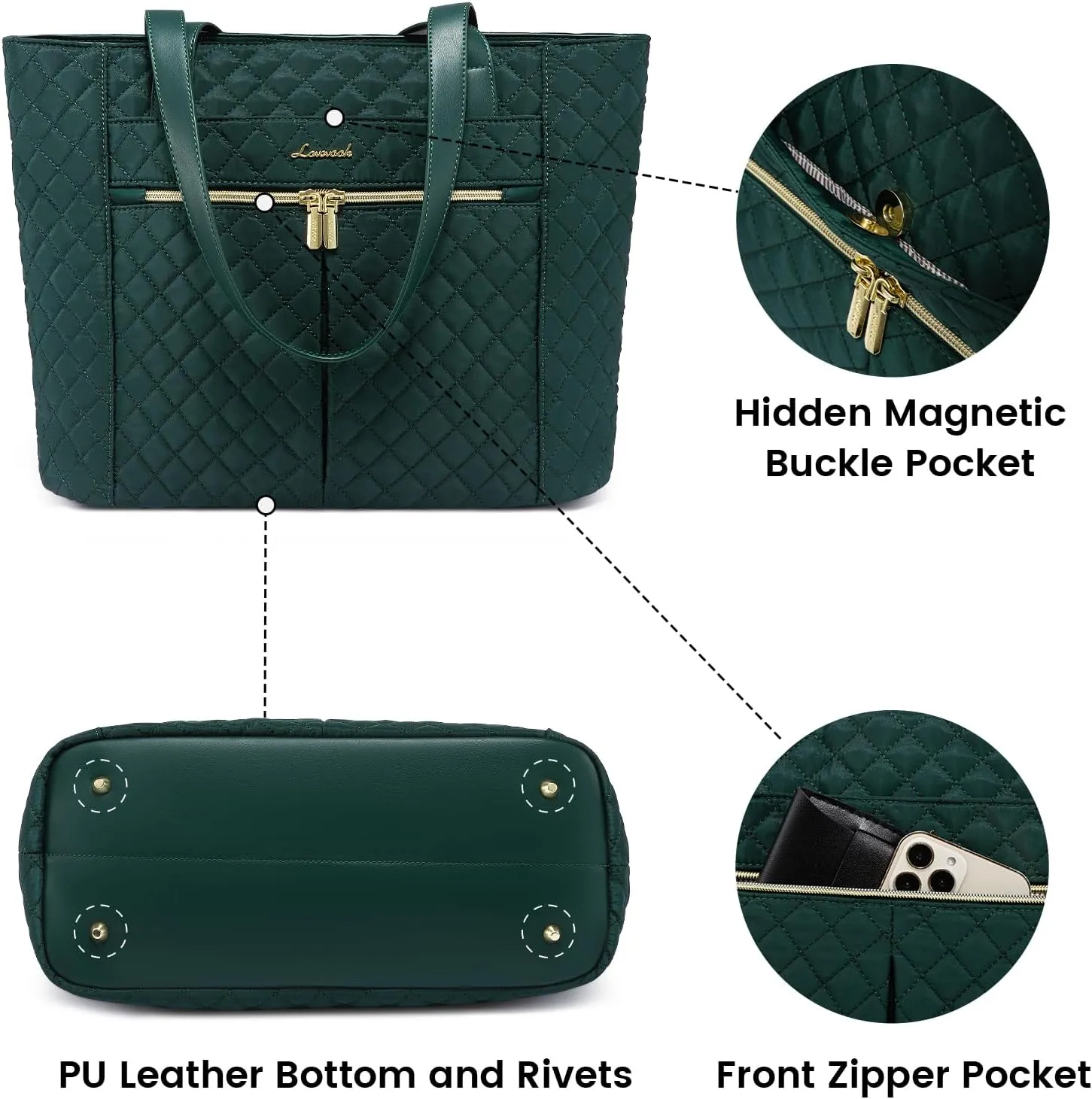 LOVEVOOK Laptop Bag for Women 17 inch,Diamond Quilted Work Tote Bags Womens Laptop Tote Bag Computer Shoulder Bags,Stylish Travel Tote Bag Laptop Purse Briefcase Handbag with Clutch Purse,Dark Green