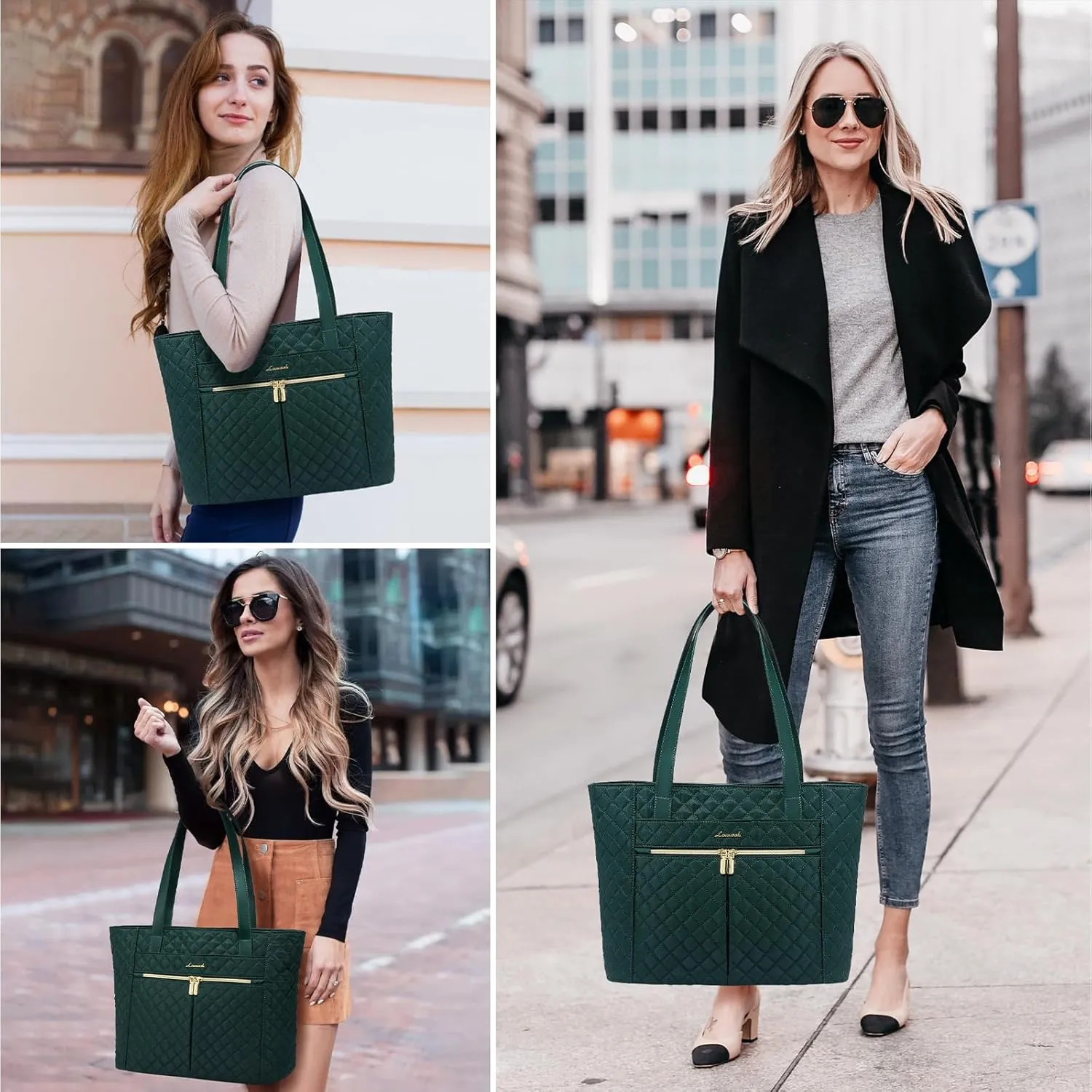 LOVEVOOK Laptop Bag for Women 17 inch,Diamond Quilted Work Tote Bags Womens Laptop Tote Bag Computer Shoulder Bags,Stylish Travel Tote Bag Laptop Purse Briefcase Handbag with Clutch Purse,Dark Green