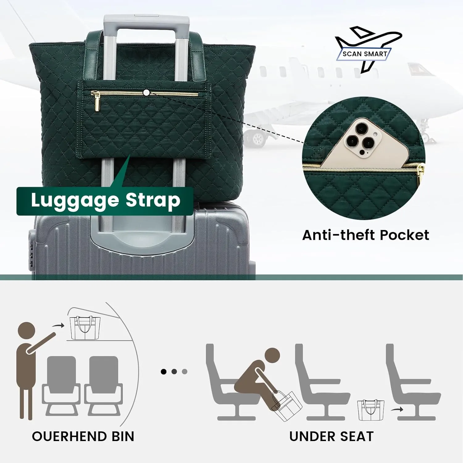 LOVEVOOK Laptop Bag for Women 17 inch,Diamond Quilted Work Tote Bags Womens Laptop Tote Bag Computer Shoulder Bags,Stylish Travel Tote Bag Laptop Purse Briefcase Handbag with Clutch Purse,Dark Green