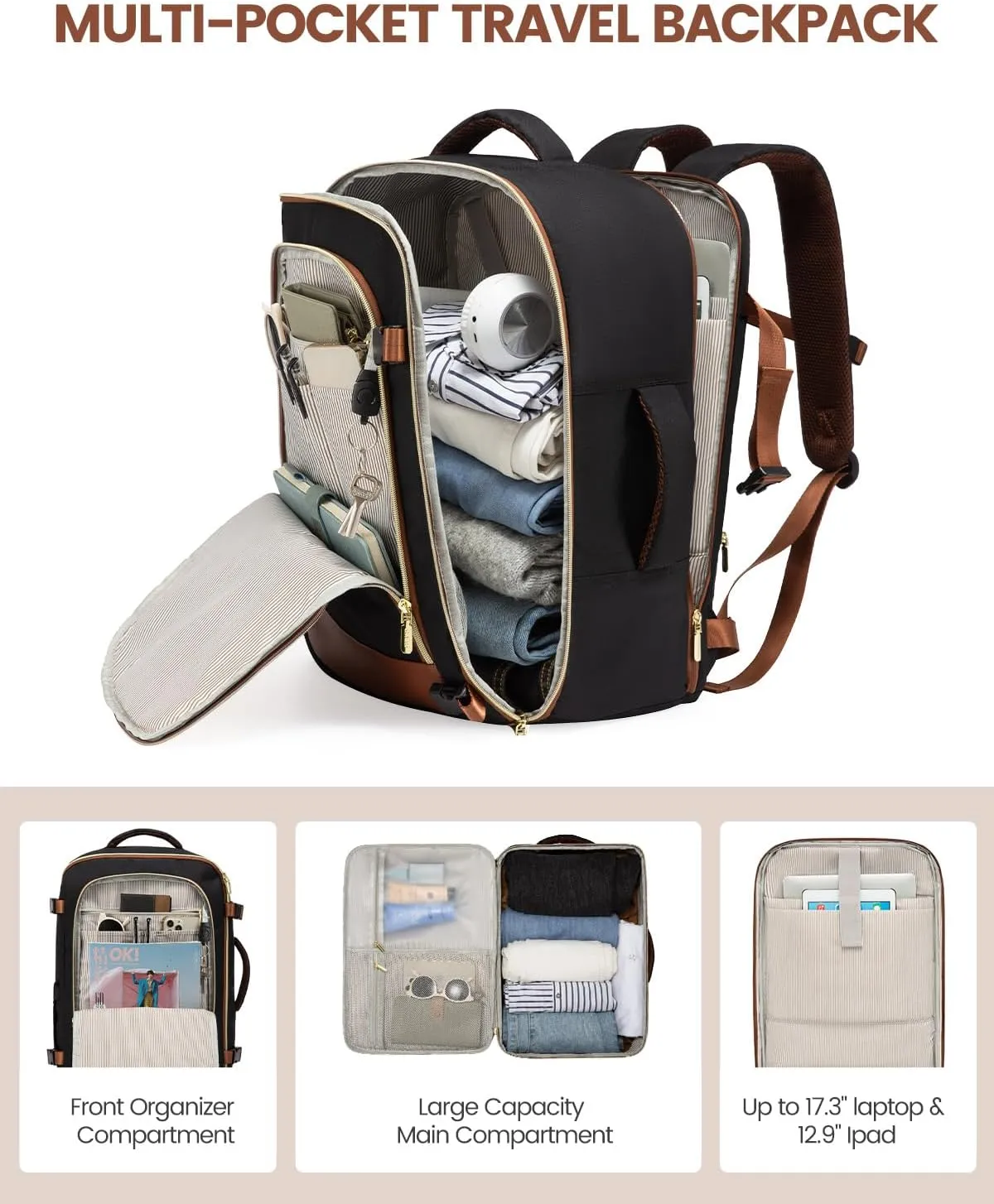 LOVEVOOK Travel Backpack for Women, 40L Carry On Backpack Flight Approved, Large Personal Item Bag Fits 17 inch Laptop, TSA Approved Luggage with 3 Packing Cubes,Waterproof Weekender Gym Daypack