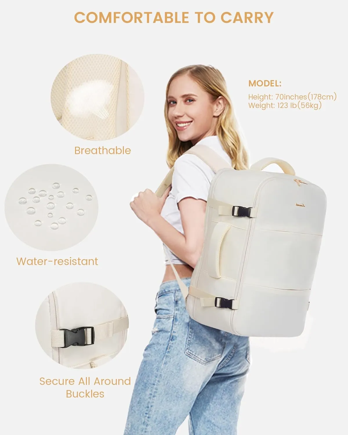 LOVEVOOK Travel Backpack for Women,35L Carry On Backpack Flight Approved with 3 Packing Cubes,TSA Personal Item Travel Bag Fits 15.6” Laptop,Weekender Hiking Business Luggage Daypack Beige