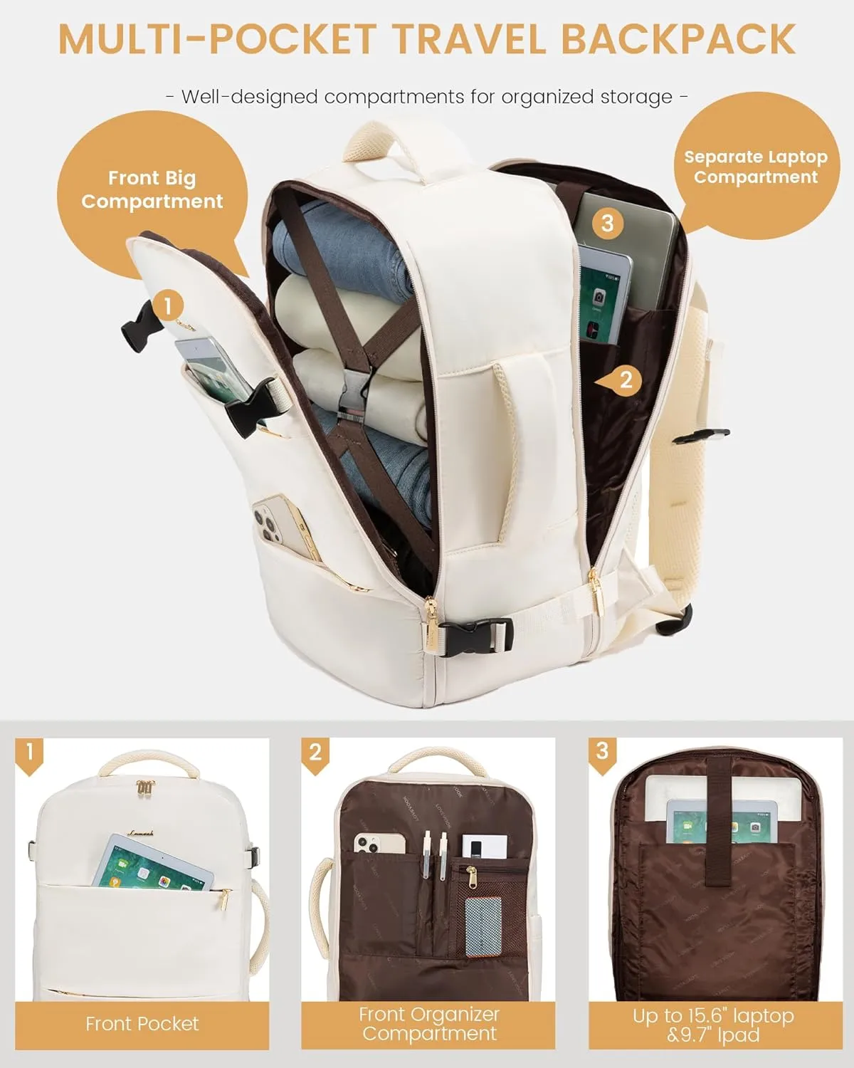 LOVEVOOK Travel Backpack for Women,35L Carry On Backpack Flight Approved with 3 Packing Cubes,TSA Personal Item Travel Bag Fits 15.6” Laptop,Weekender Hiking Business Luggage Daypack Beige