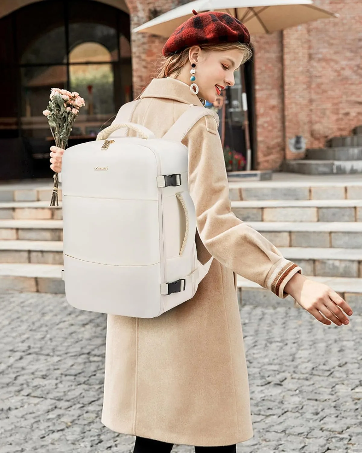 LOVEVOOK Travel Backpack for Women,35L Carry On Backpack Flight Approved with 3 Packing Cubes,TSA Personal Item Travel Bag Fits 15.6” Laptop,Weekender Hiking Business Luggage Daypack Beige