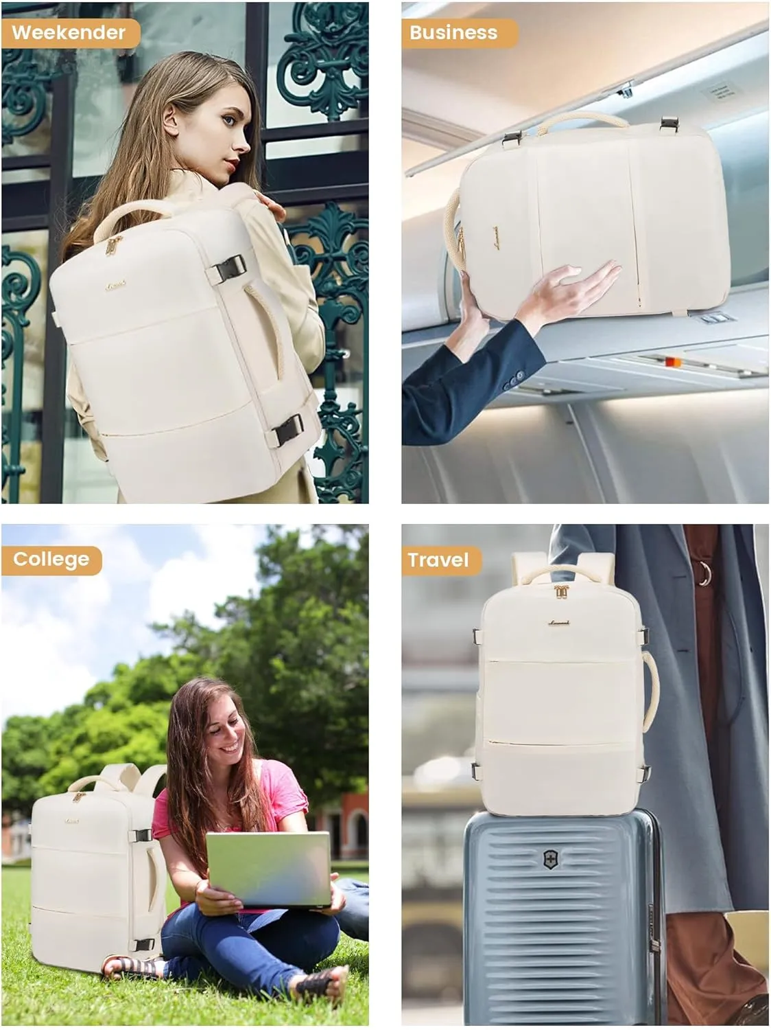 LOVEVOOK Travel Backpack for Women,35L Carry On Backpack Flight Approved with 3 Packing Cubes,TSA Personal Item Travel Bag Fits 15.6” Laptop,Weekender Hiking Business Luggage Daypack Beige