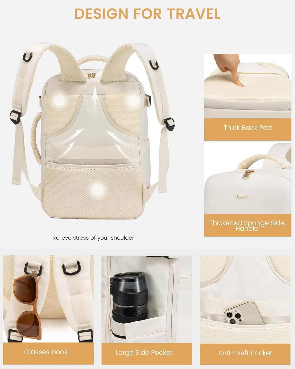 LOVEVOOK Travel Backpack for Women,35L Carry On Backpack Flight Approved with 3 Packing Cubes,TSA Personal Item Travel Bag Fits 15.6” Laptop,Weekender Hiking Business Luggage Daypack Beige