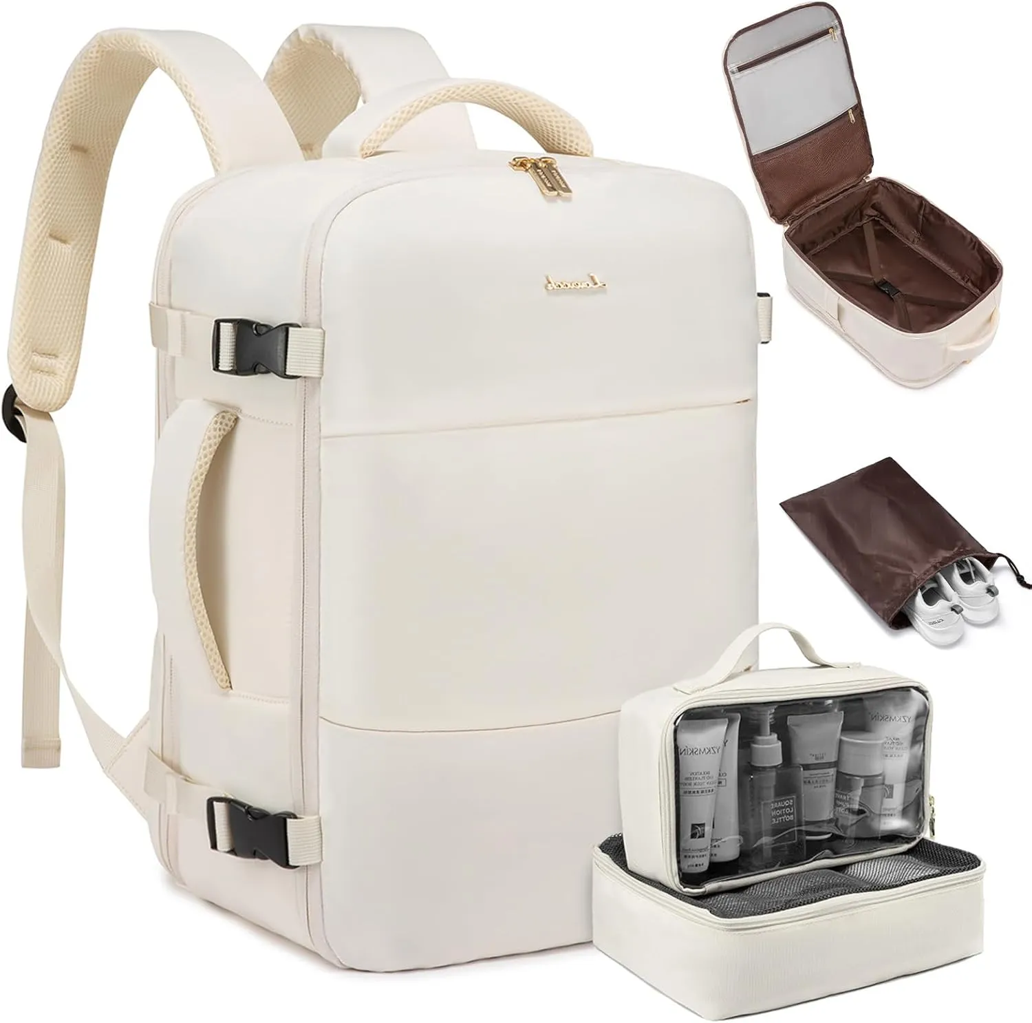 LOVEVOOK Travel Backpack for Women,35L Carry On Backpack Flight Approved with 3 Packing Cubes,TSA Personal Item Travel Bag Fits 15.6” Laptop,Weekender Hiking Business Luggage Daypack Beige