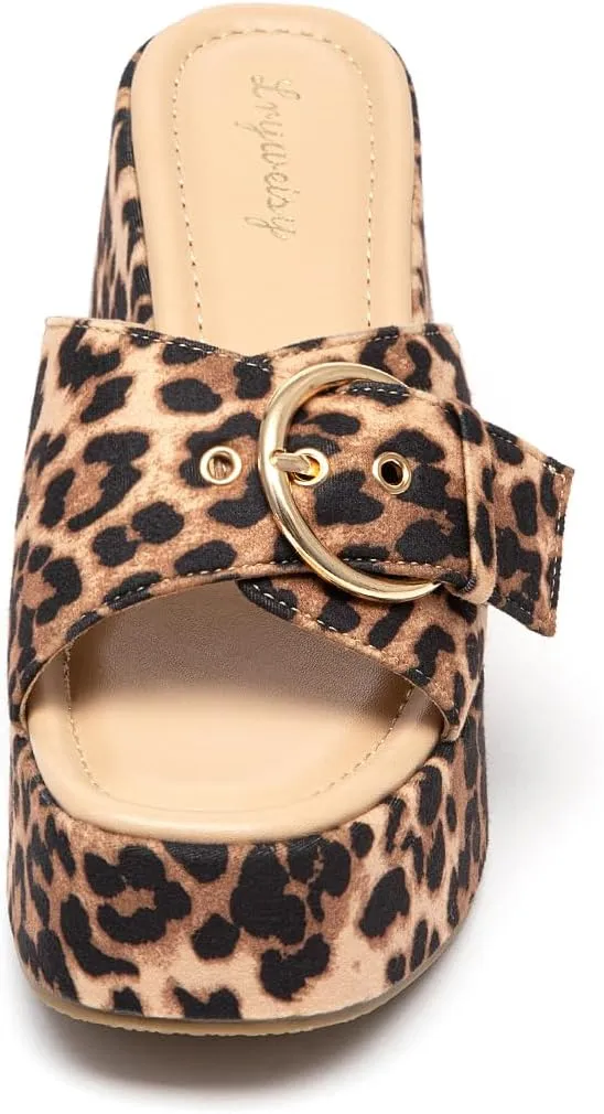 Lryweisy Women Suede Platform Sandals Adjustable Buckle Wedges Heels Leopard Slide Sandals