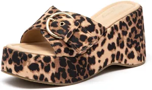 Lryweisy Women Suede Platform Sandals Adjustable Buckle Wedges Heels Leopard Slide Sandals