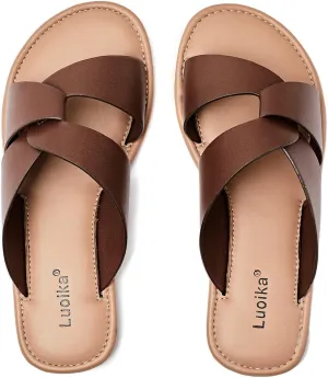 Luoika Women's Wide Width Flat Slides Sandals, Strapy Slide Sandal Slip on Dressy Summer Shoes for Women.
