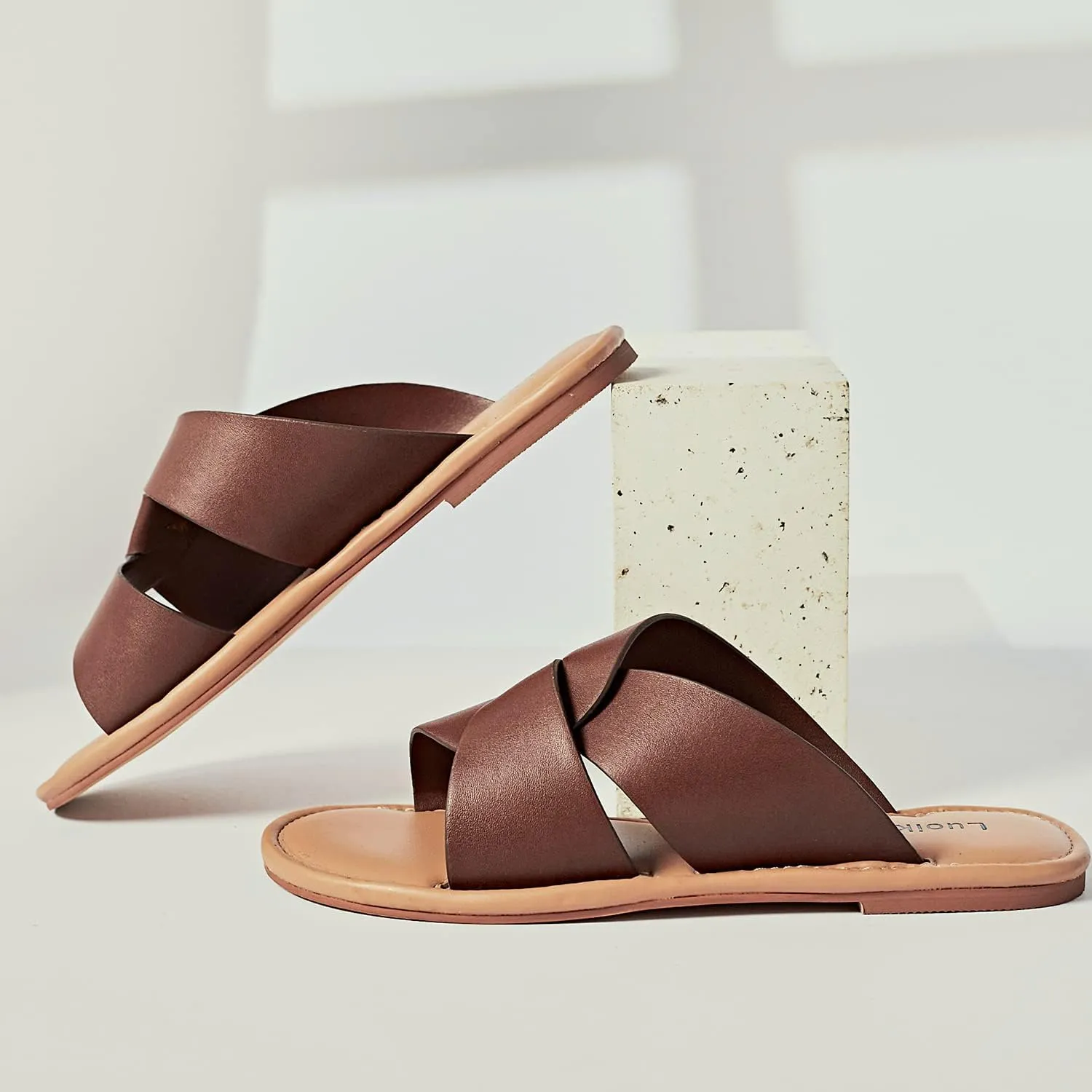 Luoika Women's Wide Width Flat Slides Sandals, Strapy Slide Sandal Slip on Dressy Summer Shoes for Women.