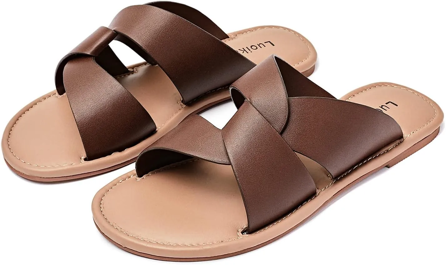 Luoika Women's Wide Width Flat Slides Sandals, Strapy Slide Sandal Slip on Dressy Summer Shoes for Women.