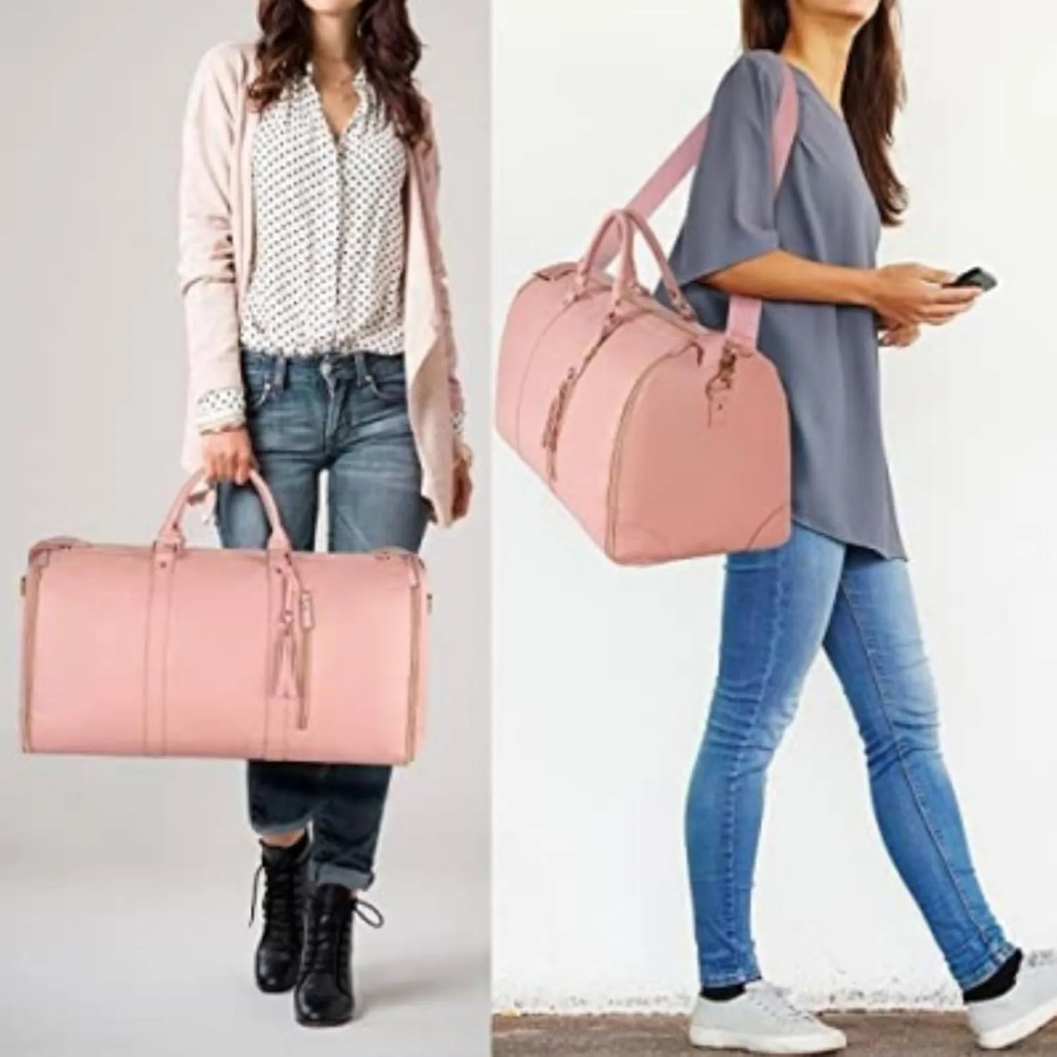 Luxe Mega Bag, Jenni Bag Travel Bag With Wheels, PU Leather 2 in 1 Hanging Suitcase Travel Bags, Waterproof Convertible Garment Bags for Travel with Shoe Pouch (Pink)