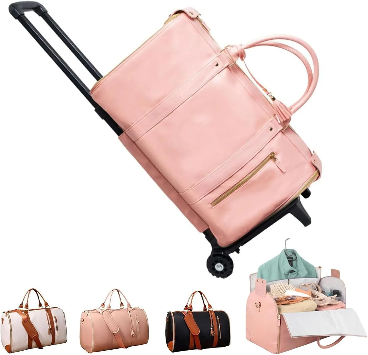 Luxe Mega Bag, Jenni Bag Travel Bag With Wheels, PU Leather 2 in 1 Hanging Suitcase Travel Bags, Waterproof Convertible Garment Bags for Travel with Shoe Pouch (Pink)