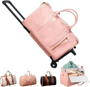 Luxe Mega Bag, Jenni Bag Travel Bag With Wheels, PU Leather 2 in 1 Hanging Suitcase Travel Bags, Waterproof Convertible Garment Bags for Travel with Shoe Pouch (Pink)