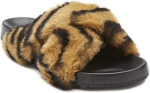Matisse Footwear Seasons Vegan Slide Sandal, Tan Zebra, Thick Faux Fur Lining and Footbed, Cushioned Footbed, PETA-Certified Vegan, Slip-On Style, Medium Width, Tan Zebra/Brown, Black, White