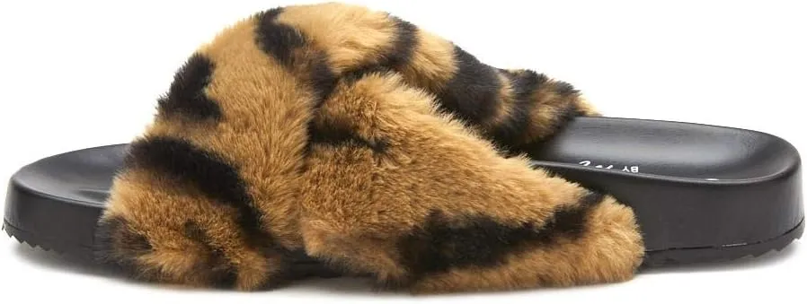 Matisse Footwear Seasons Vegan Slide Sandal, Tan Zebra, Thick Faux Fur Lining and Footbed, Cushioned Footbed, PETA-Certified Vegan, Slip-On Style, Medium Width, Tan Zebra/Brown, Black, White
