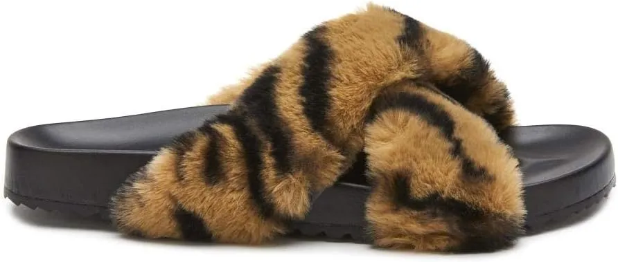 Matisse Footwear Seasons Vegan Slide Sandal, Tan Zebra, Thick Faux Fur Lining and Footbed, Cushioned Footbed, PETA-Certified Vegan, Slip-On Style, Medium Width, Tan Zebra/Brown, Black, White