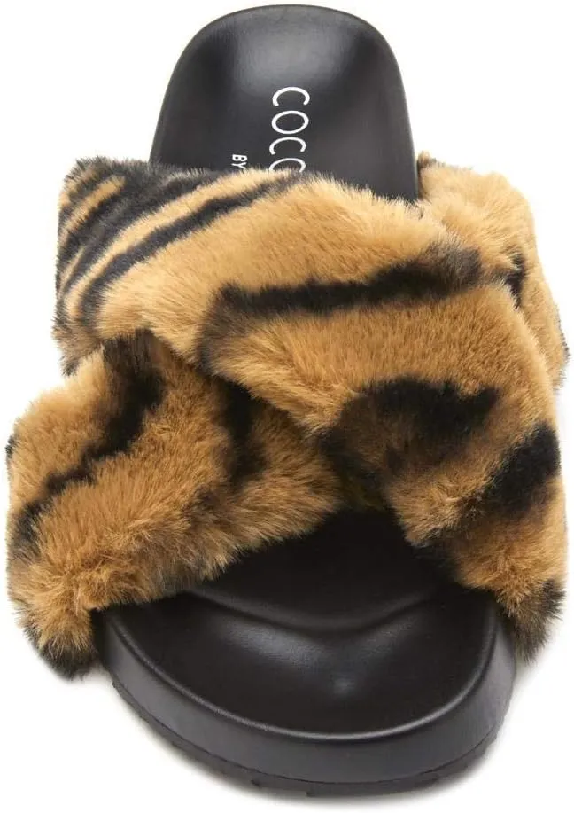 Matisse Footwear Seasons Vegan Slide Sandal, Tan Zebra, Thick Faux Fur Lining and Footbed, Cushioned Footbed, PETA-Certified Vegan, Slip-On Style, Medium Width, Tan Zebra/Brown, Black, White