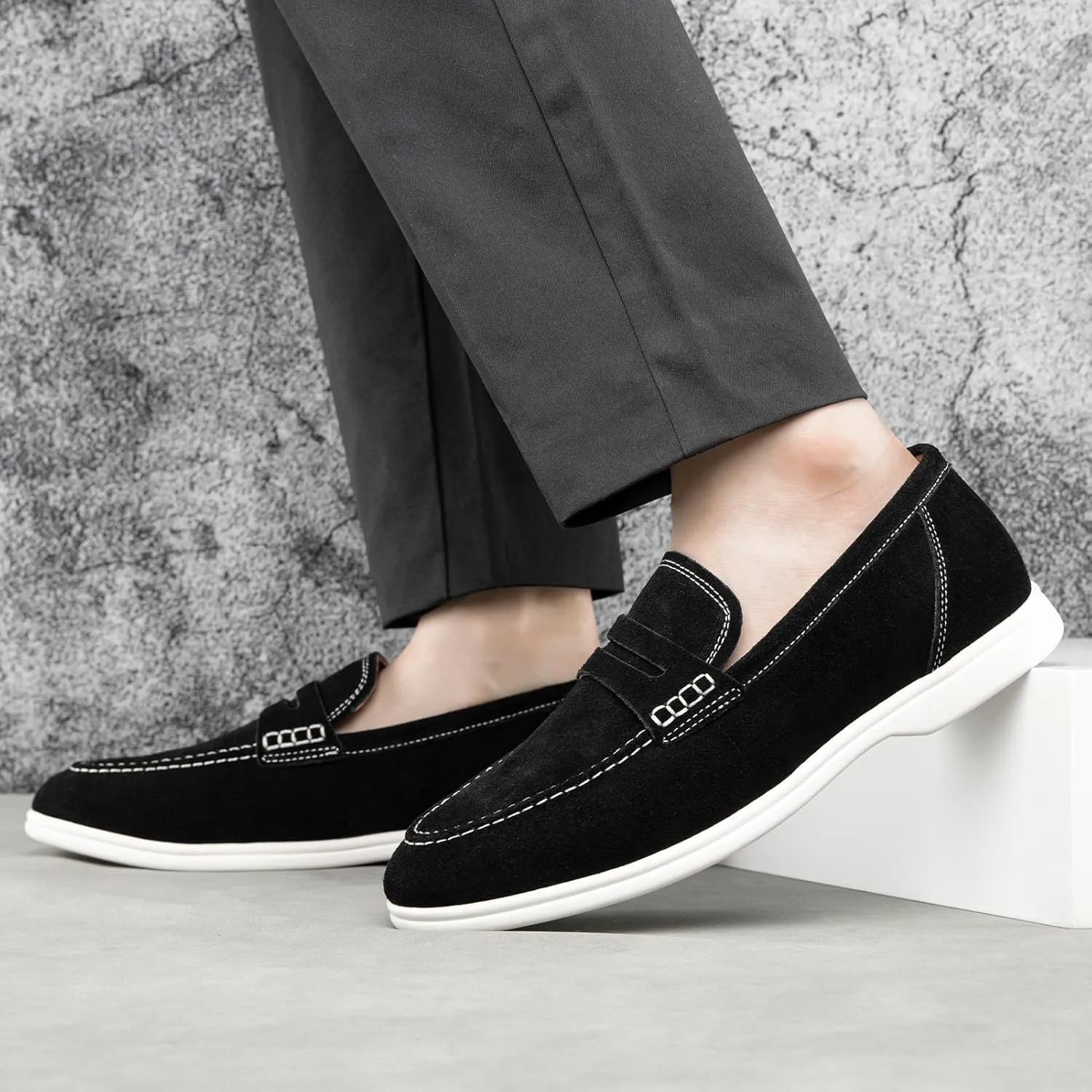 Meijiana Men's Genuine Leather Loafers Slip-On Moccasins Suede Dress Shoes, Lightweight and Breathable with Rubber Sole Stylish Mens Loafers