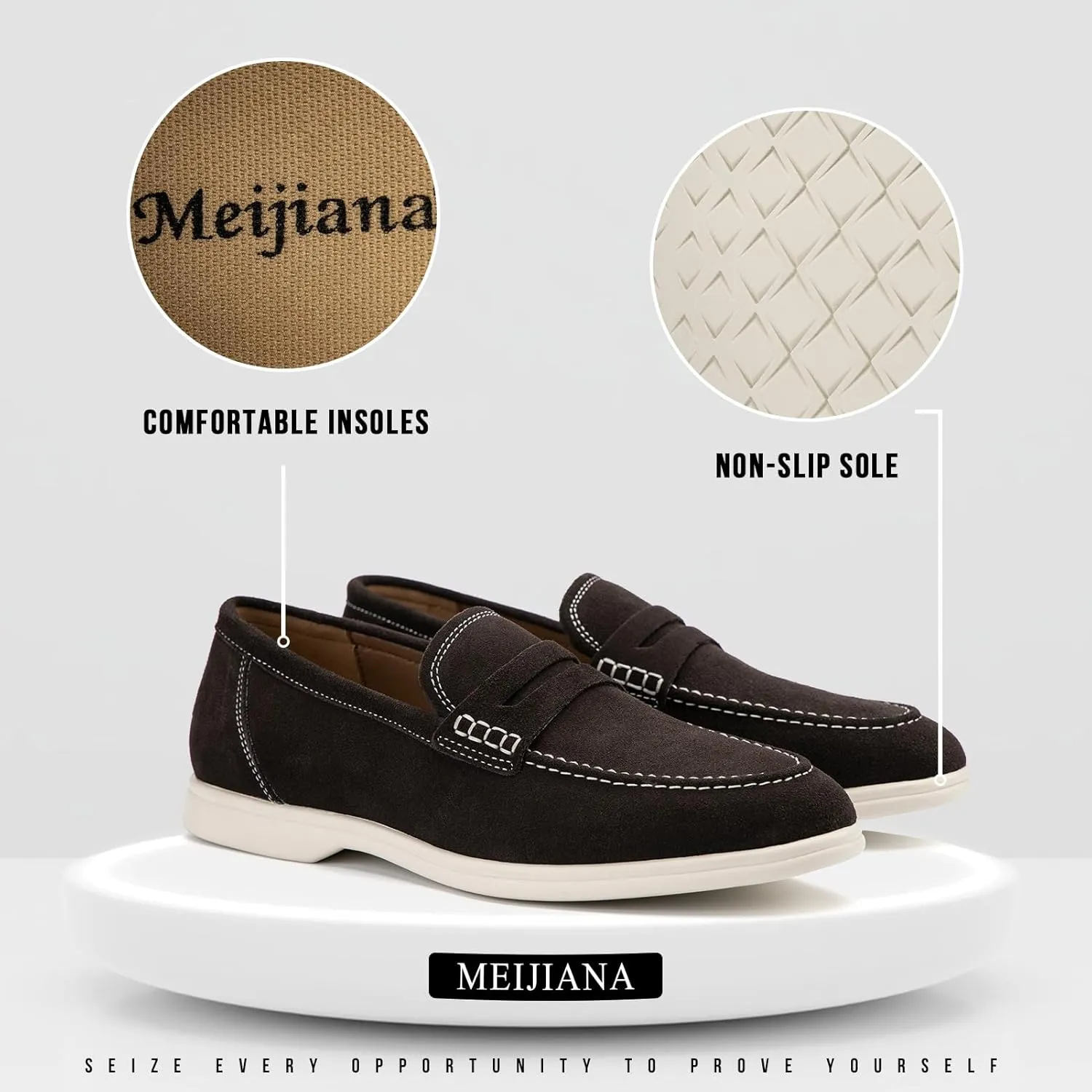 Meijiana Men's Genuine Leather Loafers Slip-On Moccasins Suede Dress Shoes, Lightweight and Breathable with Rubber Sole Stylish Mens Loafers
