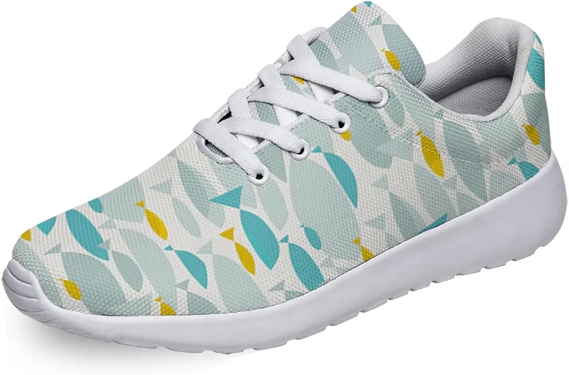 Men Women Walking Running Shoes,Fish Silhouette Lightweight Breathable Mesh Tennis Shoes Non Slip Athletic Workout Gym Sneakers White Size 9