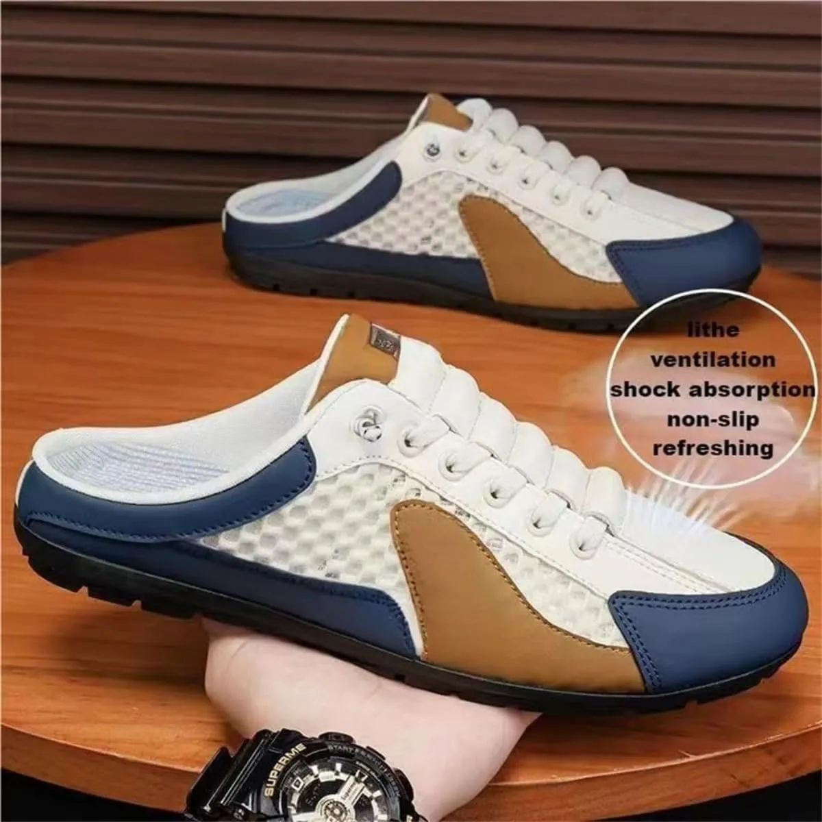 Men's Backless Sneakers, Mesh Trendy Slip On Mule Sneakers, Closed Toe Half Drag Sneakers Anti-Slip Walking Shoes