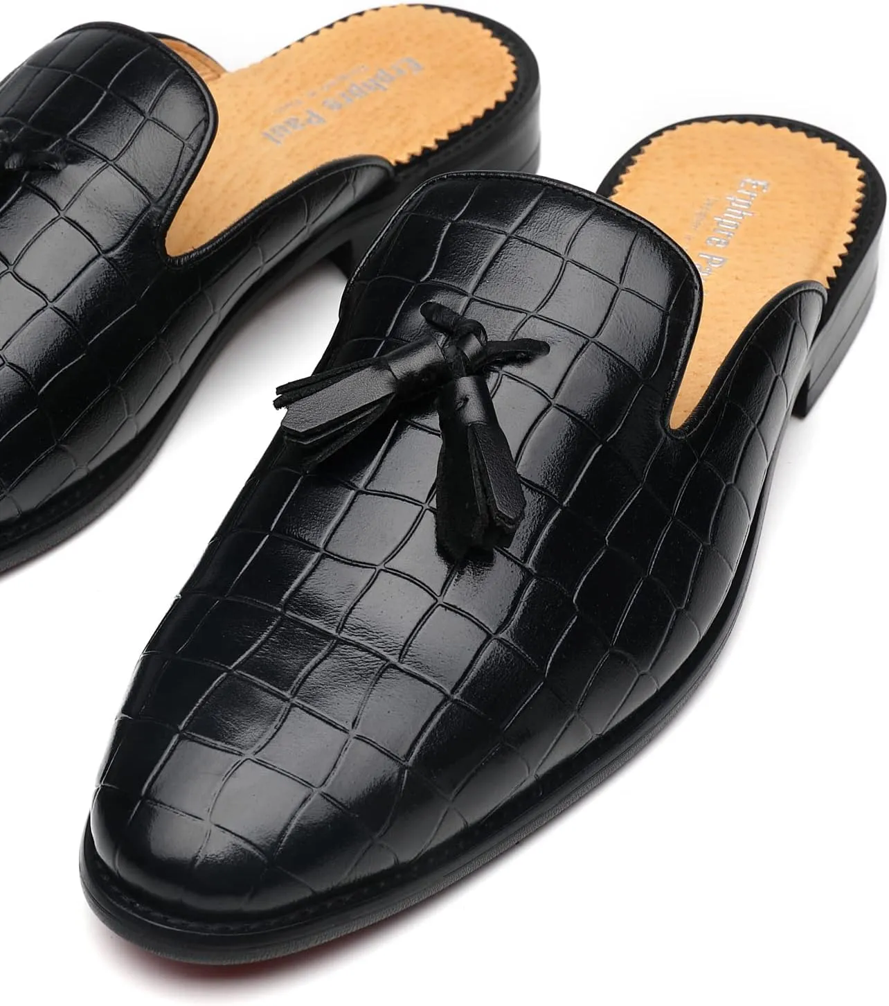 Mens Black Backless Loafers Genuine Leather Mules Shoes