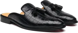 Mens Black Backless Loafers Genuine Leather Mules Shoes