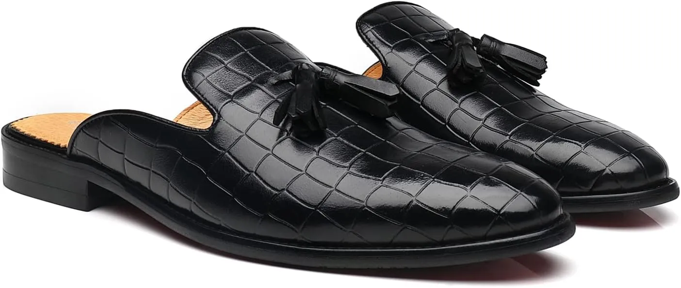 Mens Black Backless Loafers Genuine Leather Mules Shoes