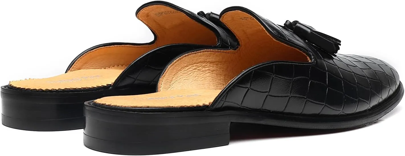 Mens Black Backless Loafers Genuine Leather Mules Shoes