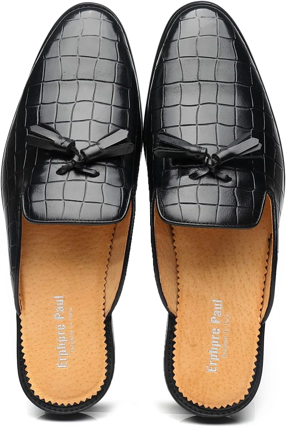 Mens Black Backless Loafers Genuine Leather Mules Shoes