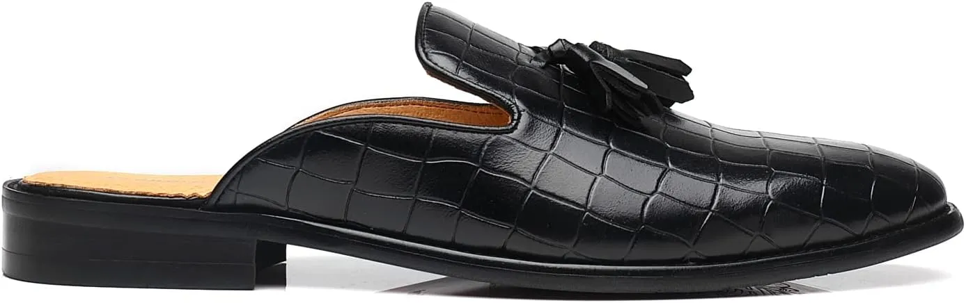 Mens Black Backless Loafers Genuine Leather Mules Shoes