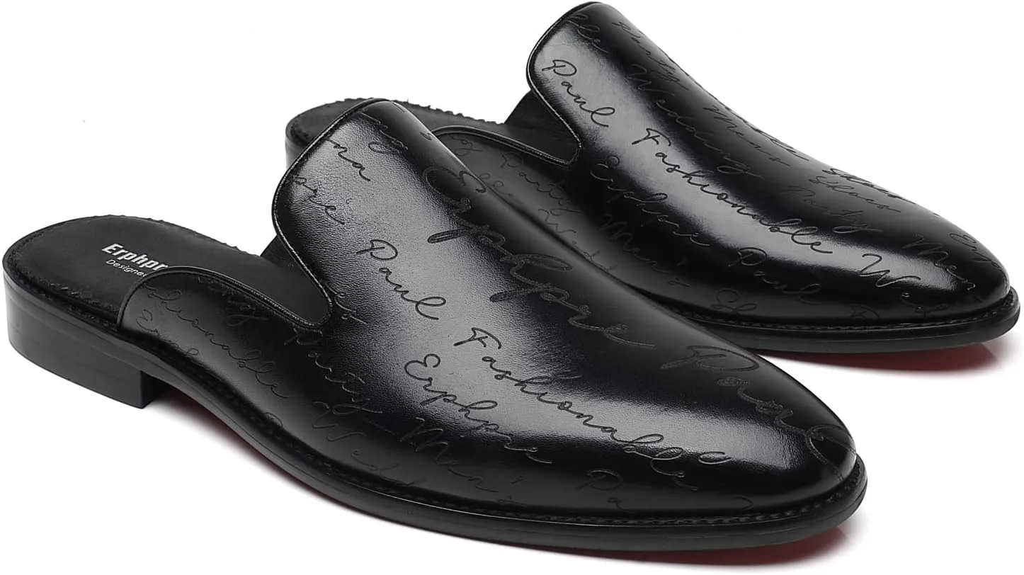 Mens Black Backless Loafers Genuine Leather Mules Shoes