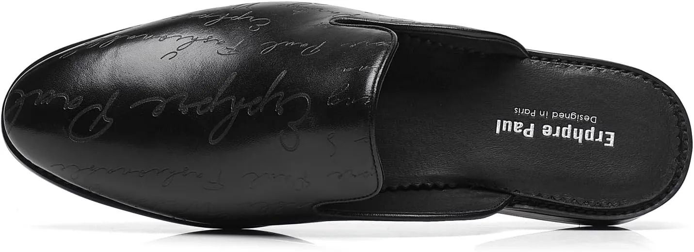 Mens Black Backless Loafers Genuine Leather Mules Shoes