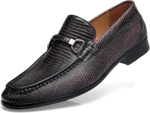 Mens Genuine Dress Shoes, Premium Crocodile Print Leather Slip-on Casual Shoes Penny Loafers for Mens, Black