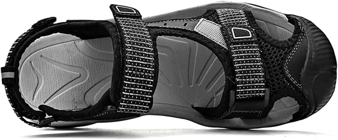 Mens Leather Outdoor Hiking Sandals Waterproof Lightweight Athletic Sports Sandals Adjustable Fisherman Beach Shoes Closed Toe Water