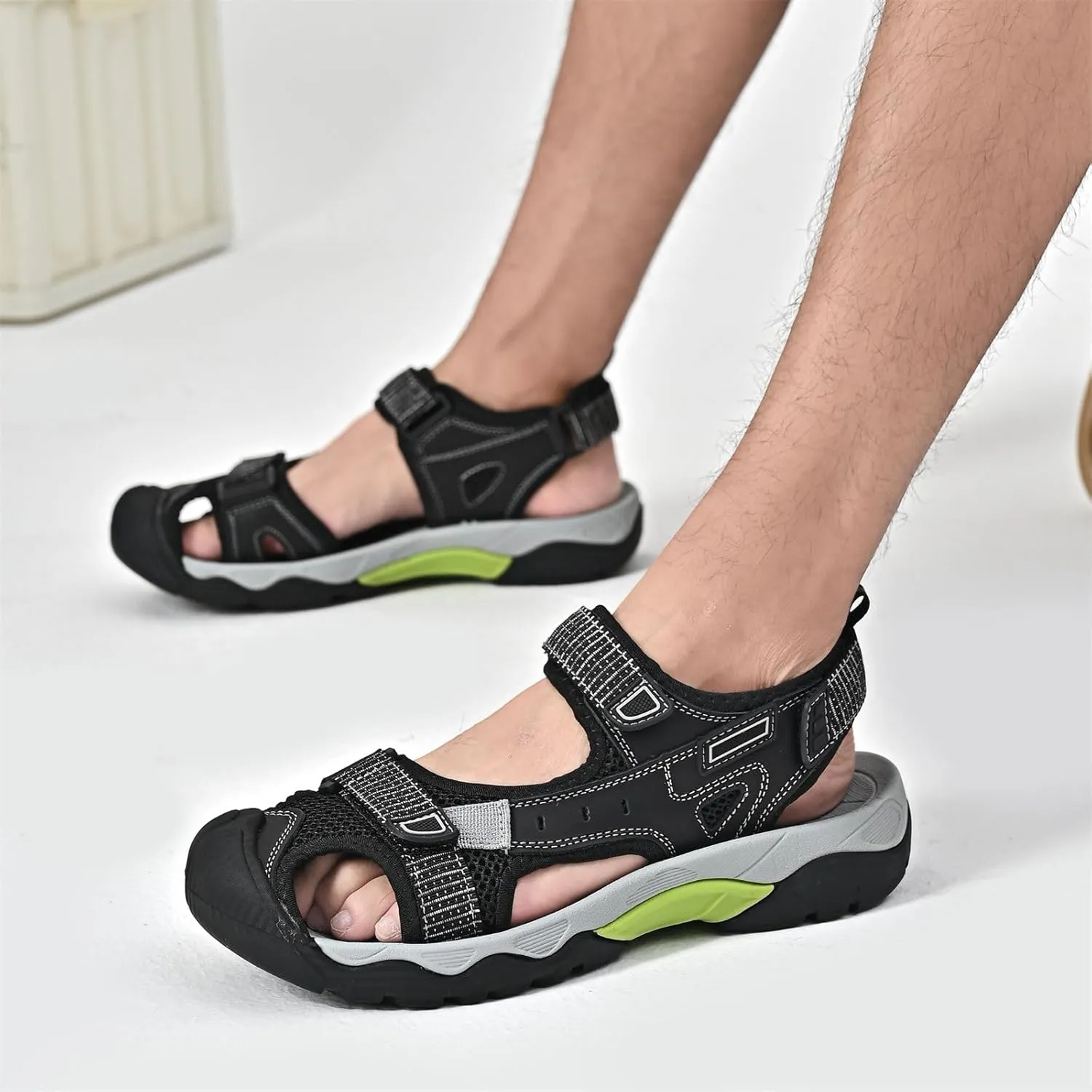 Mens Leather Outdoor Hiking Sandals Waterproof Lightweight Athletic Sports Sandals Adjustable Fisherman Beach Shoes Closed Toe Water