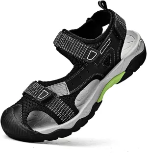 Mens Leather Outdoor Hiking Sandals Waterproof Lightweight Athletic Sports Sandals Adjustable Fisherman Beach Shoes Closed Toe Water