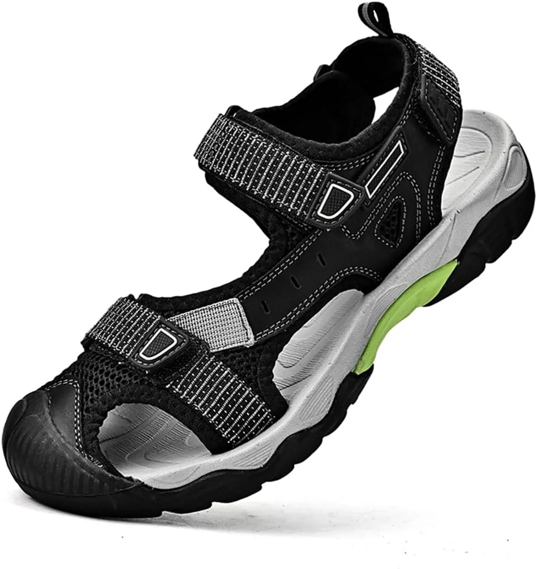 Mens Leather Outdoor Hiking Sandals Waterproof Lightweight Athletic Sports Sandals Adjustable Fisherman Beach Shoes Closed Toe Water