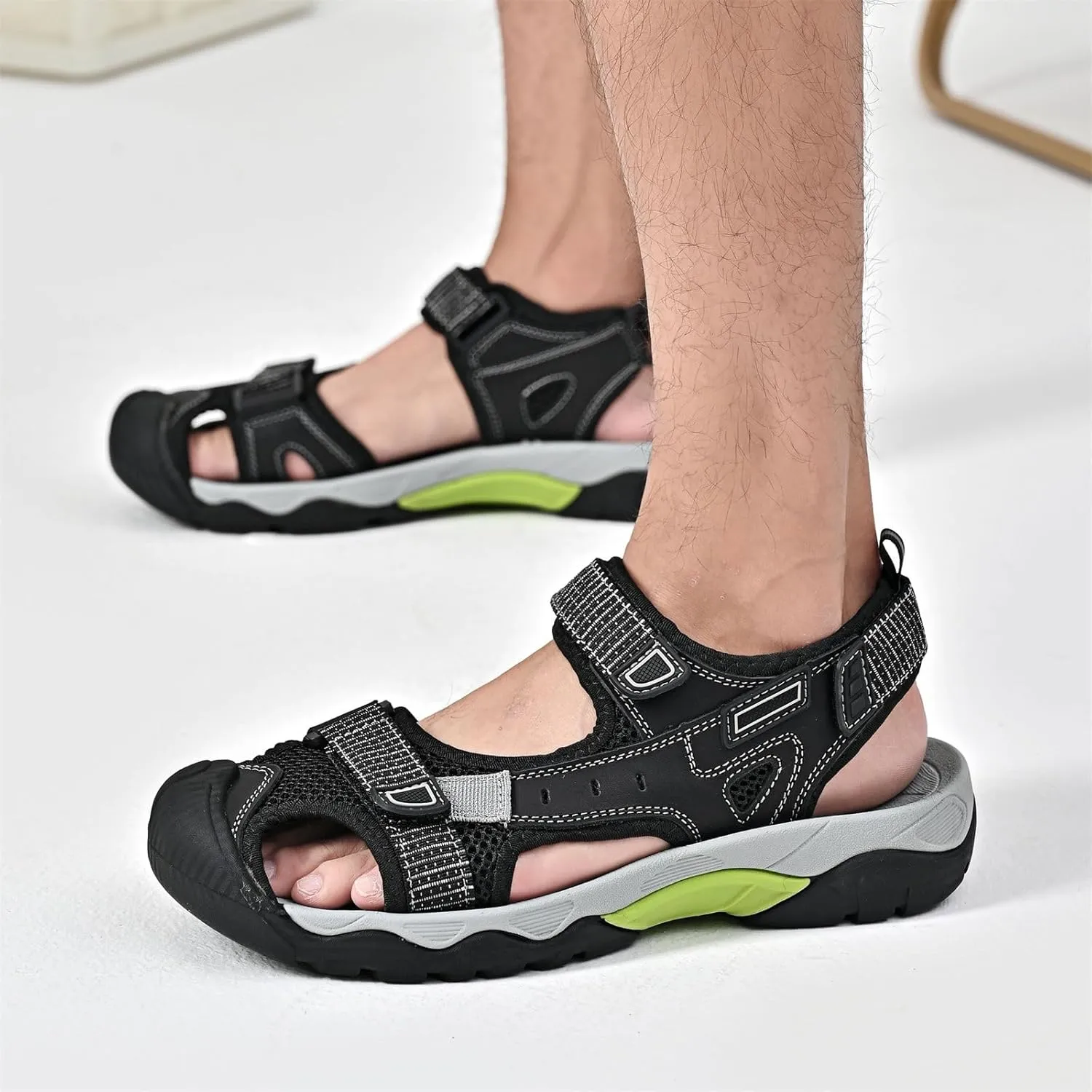 Mens Leather Outdoor Hiking Sandals Waterproof Lightweight Athletic Sports Sandals Adjustable Fisherman Beach Shoes Closed Toe Water