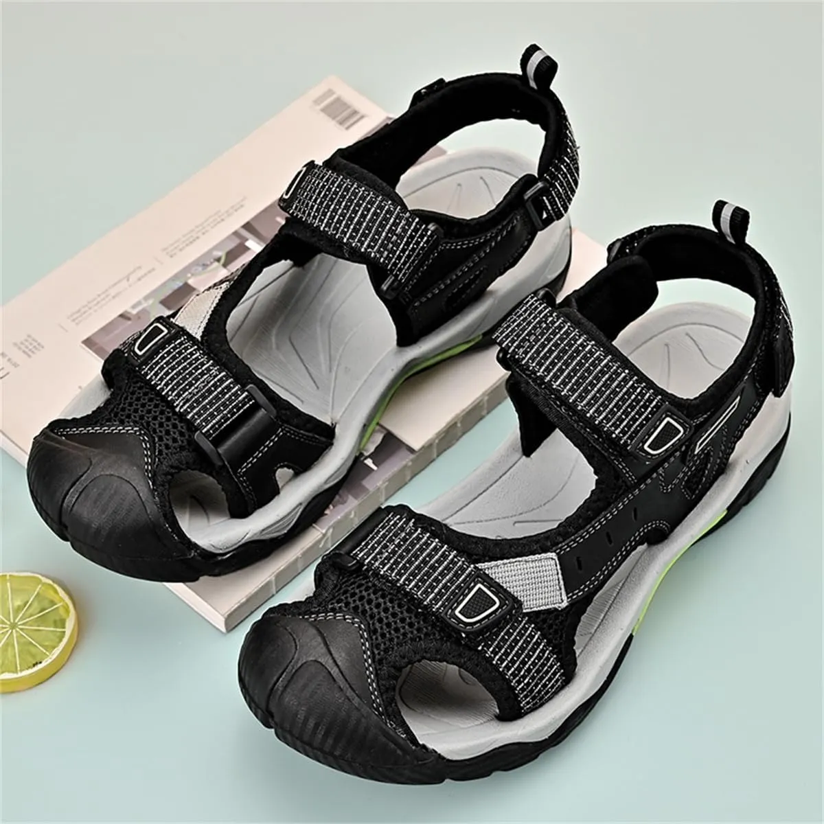 Mens Leather Outdoor Hiking Sandals Waterproof Lightweight Athletic Sports Sandals Adjustable Fisherman Beach Shoes Closed Toe Water