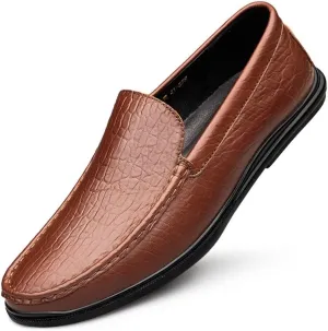Mens Loafers Round Toe Genuine Leather Crocodile Print Loafer Shoes Comfortable Flat Heel Lightweight Outdoor Classic Slip-ons