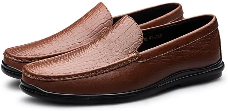 Mens Loafers Round Toe Genuine Leather Crocodile Print Loafer Shoes Comfortable Flat Heel Lightweight Outdoor Classic Slip-ons