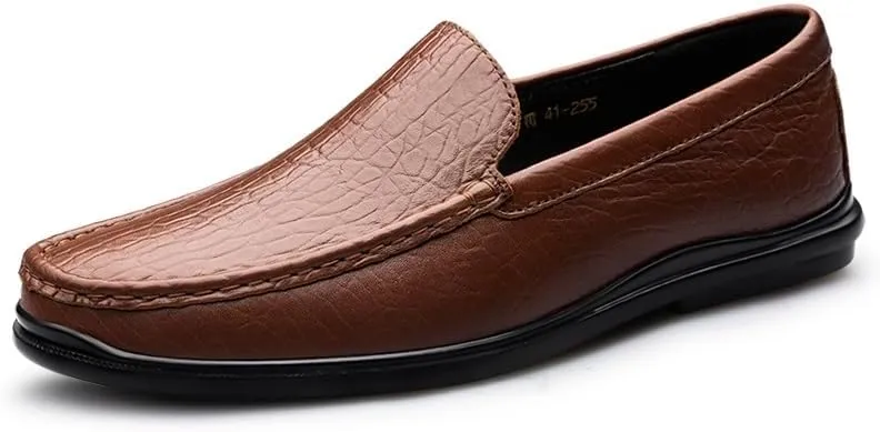 Mens Loafers Round Toe Genuine Leather Crocodile Print Loafer Shoes Comfortable Flat Heel Lightweight Outdoor Classic Slip-ons