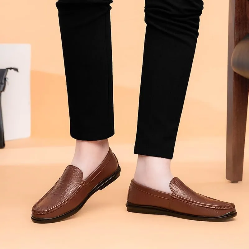 Mens Loafers Round Toe Genuine Leather Crocodile Print Loafer Shoes Comfortable Flat Heel Lightweight Outdoor Classic Slip-ons