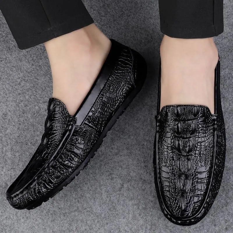 Mens Loafers Slip On Crocodile Embossed Leather Round Toe Anti Slip Sole Comfortable Lightweight Resistant Outdoor Walking Shoes