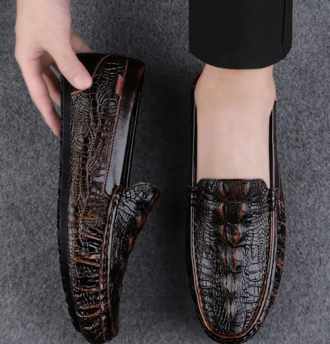 Mens Loafers Slip On Crocodile Embossed Leather Round Toe Anti Slip Sole Comfortable Lightweight Resistant Outdoor Walking Shoes